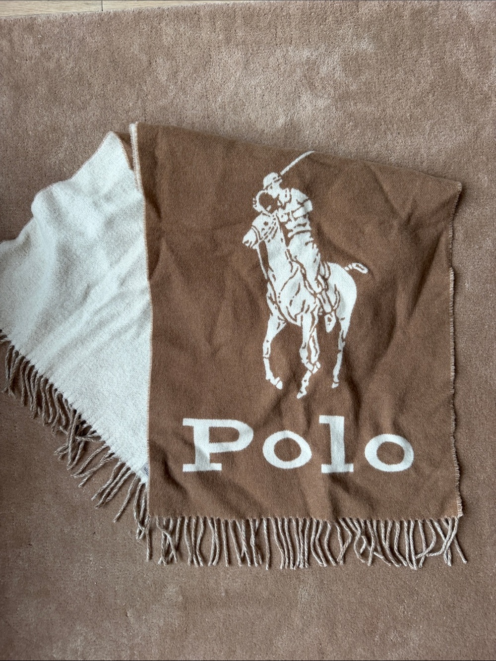 Polo Ralph Lauren Wool Fringe Scarf in Brown and Cream
